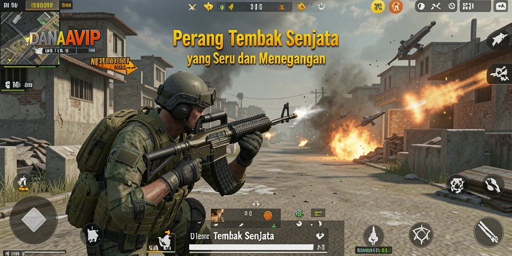 Menampilkan antarmuka permainan tembak senjata yang menegangkan.